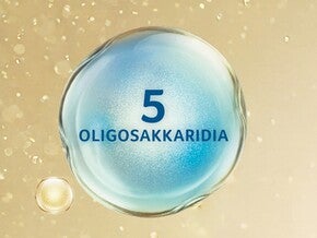 Grafiikka: läpikuultava sininen kupla, jossa teksti '5 OLIGOSAKKARIDIA' beigenvärisellä taustalla