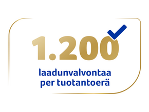 Kultainen grafiikka "1.200", sininen valintamerkki ja suomenkielinen teksti laatutarkastuksista